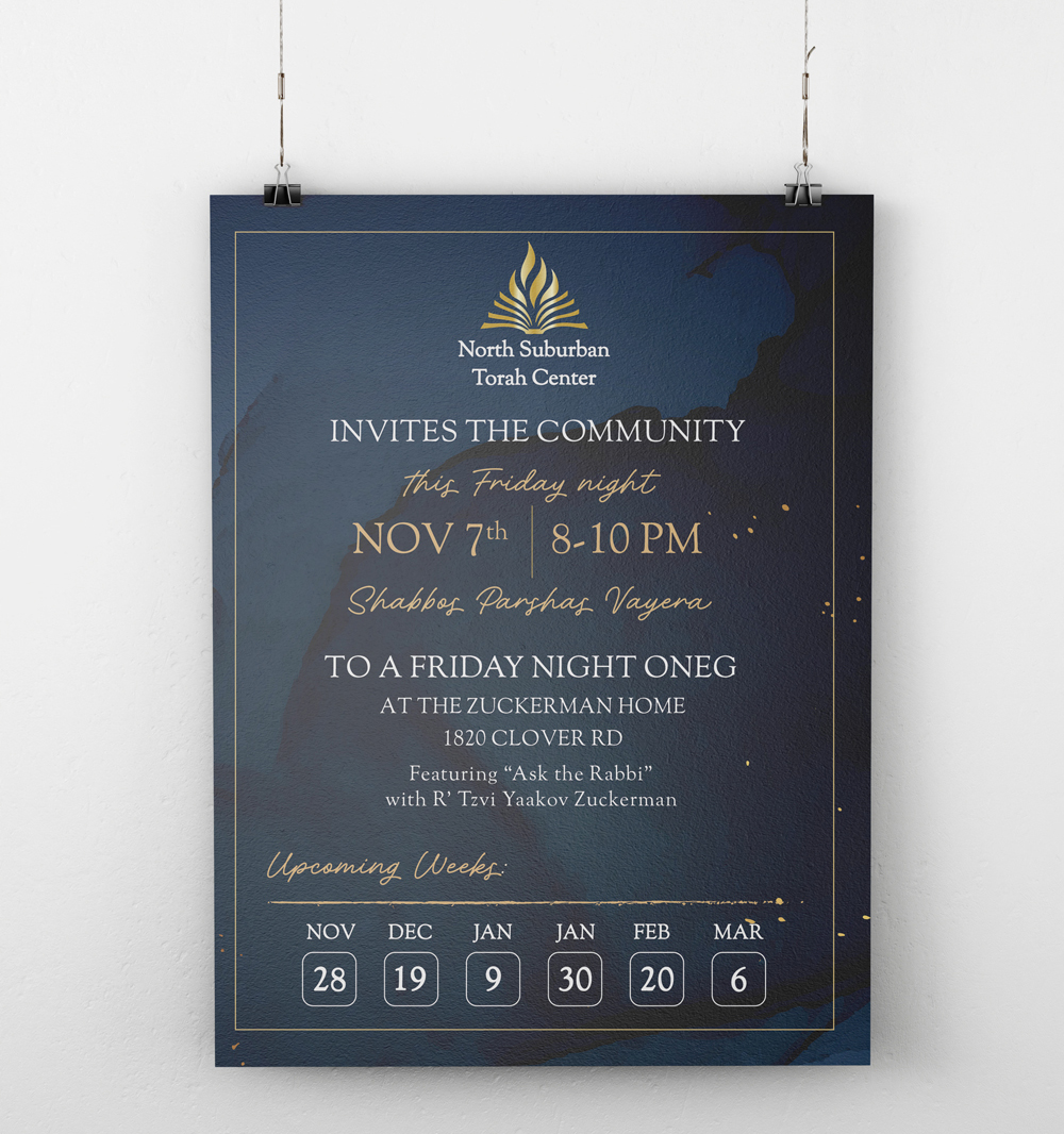 Print materials designed for Rabbi Azriel Zuckerman and the North Suburban Torah Center, including modern business card and promotional collateral design with a clean, cohesive visual style.