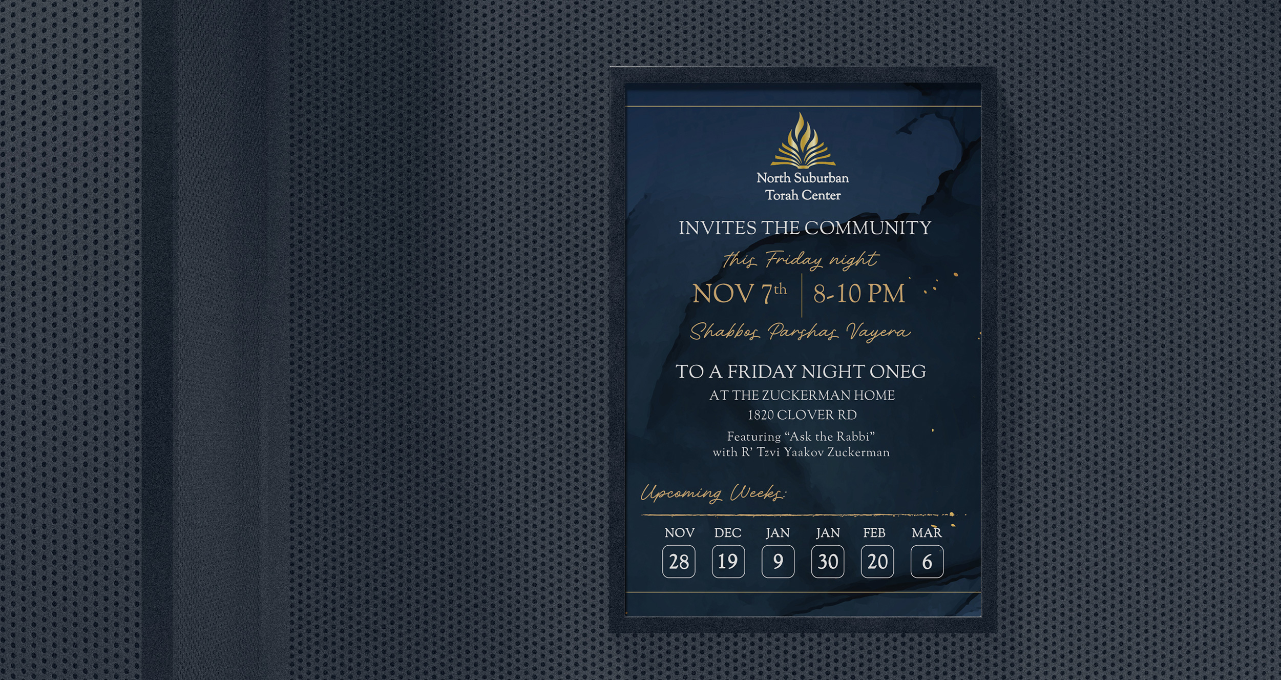 Print materials designed for Rabbi Azriel Zuckerman and the North Suburban Torah Center, including modern business card and promotional collateral design with a clean, cohesive visual style.